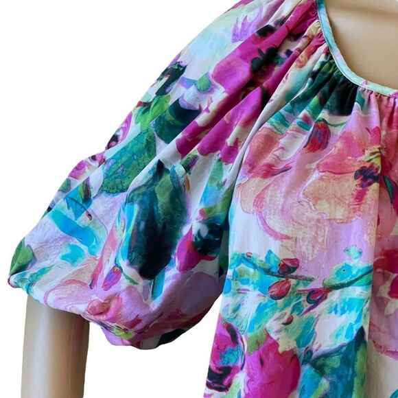 H&M PUFF-SLEEVED TIE-DETAIL FLORAL DRESS White Pink Green Blue Small - Picture 6 of 13